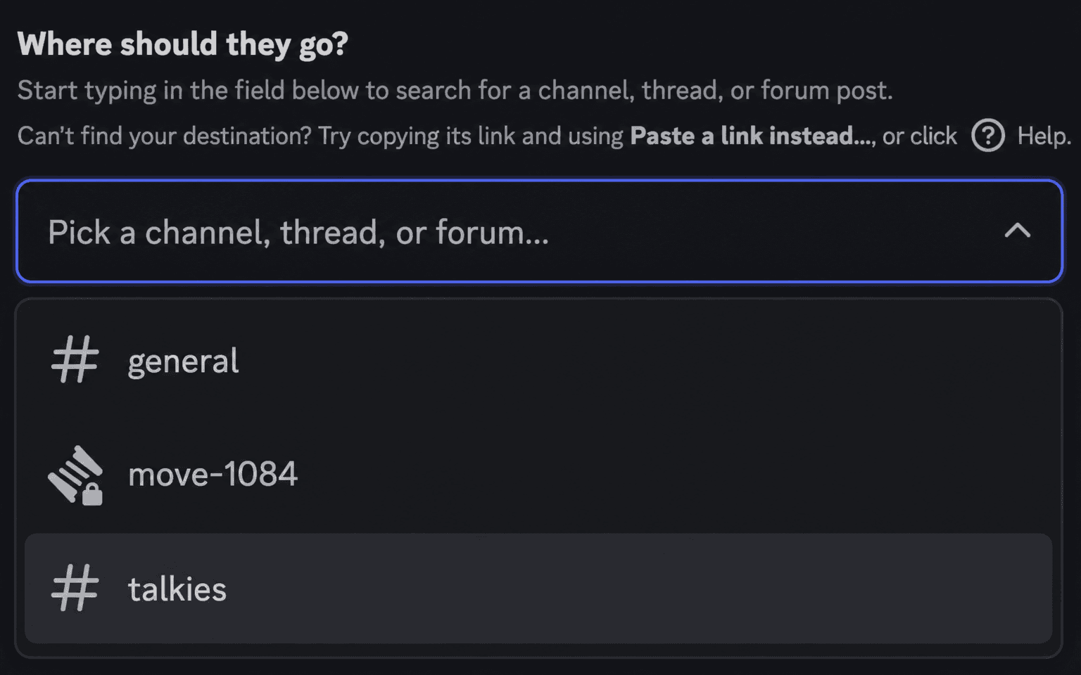 Pippin's 'Where should they go?' destination picker with a channel search dropdown