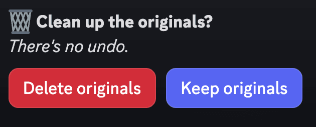 Pippin's 'Clean up the originals?' prompt with Delete originals and Keep originals buttons